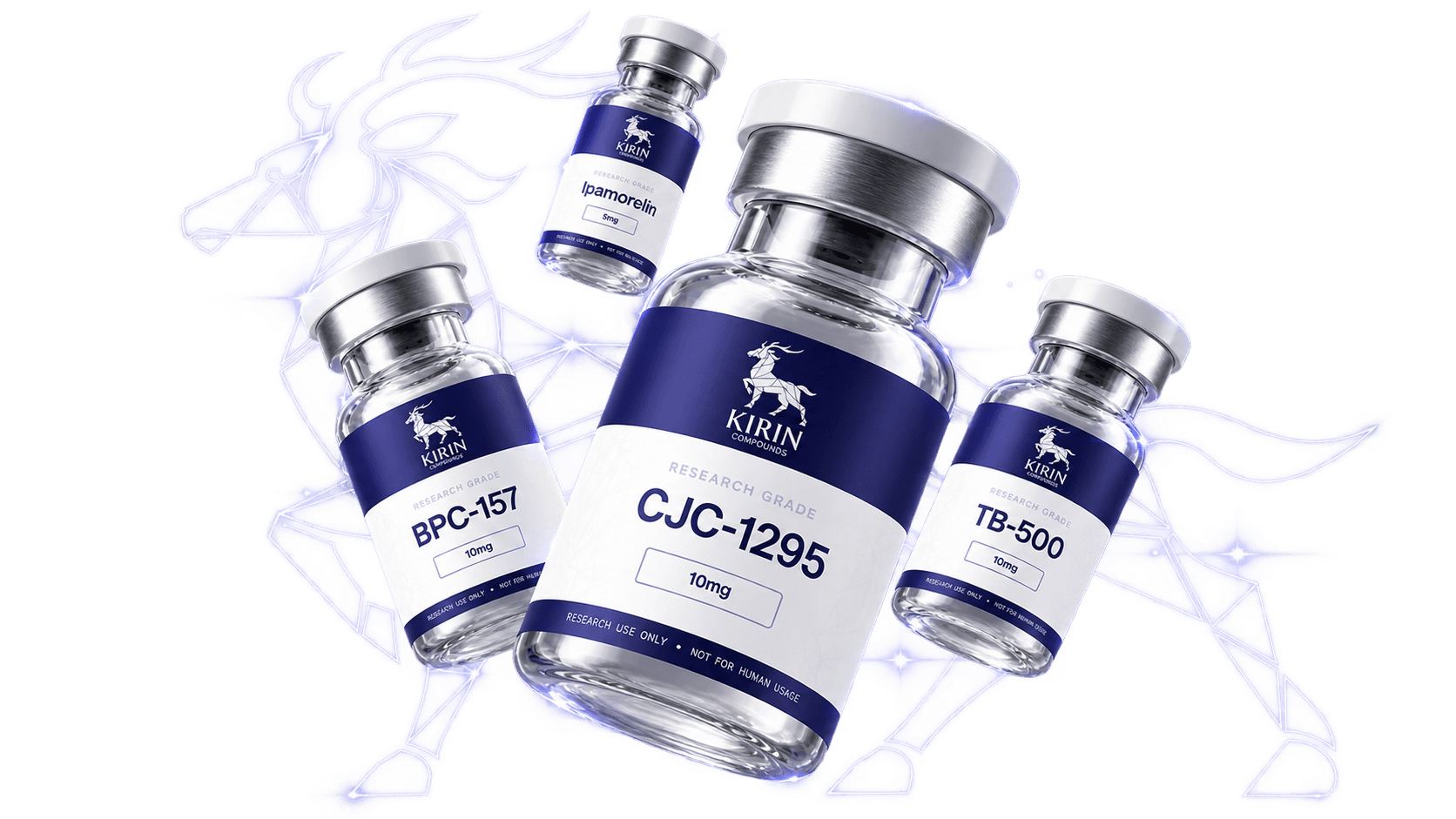 Kirin Compounds research vials — BPC-157, CJC-1295, TB-500, Ipamorelin